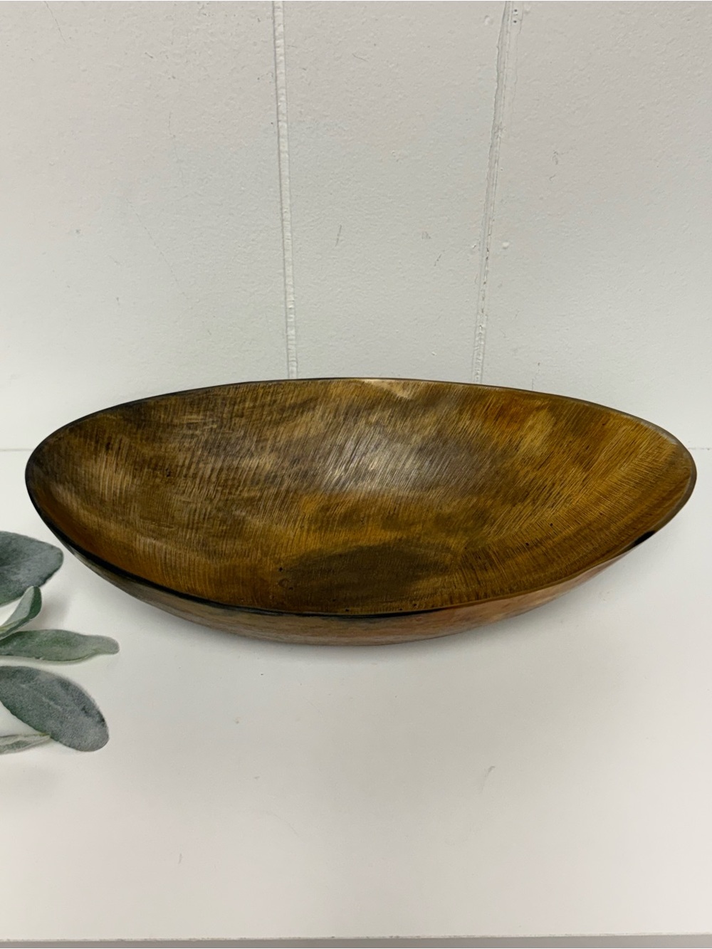 Vintage Hand Carved Natural Bovine Horn Decorative Oval Catchall Bowl